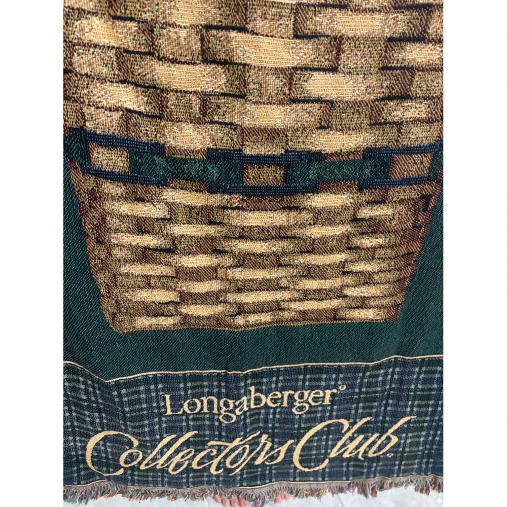 Longaberger Collectors Club Woven Tapestry Throw Blanket Green Plaid Basket
